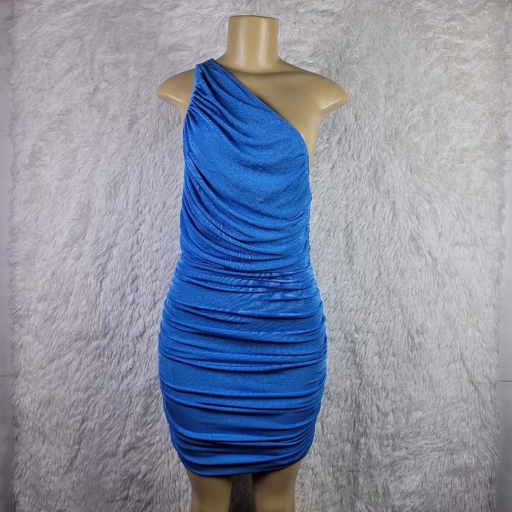 NWT Lioness The Goddess Blue One Shoulder Ruched Blue Mini Dress Clubwear Sz 4